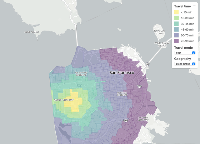 Isochrone map of travel times
